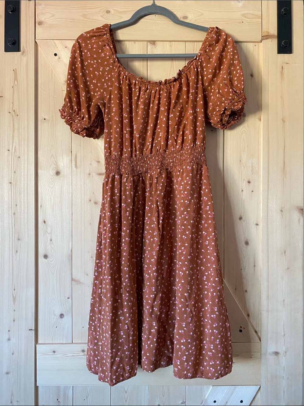 Luxology Rust Floral Puff Sleeve Dress Cottagecore